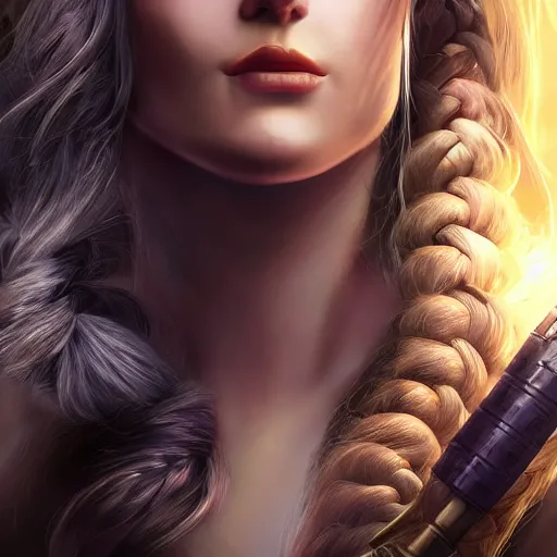 Prompt: heroine, beautiful, ultra detailed, 8 k, sorceress woman, long braided hair, guns and magic, hd, character, realistic, portrait, 3 d, hyperrealistic