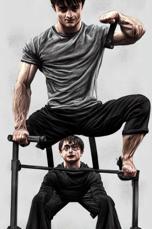 Image similar to highly detailed rendering of Daniel Radcliffe as Harry Potter doing barbell back squats, dingy workout gym, wearing a muscle tee shirt, muscular deep squats, symmetrical, highly detailed, digital painting, artstation, concept art, smooth, sharp focus, illustration, cinematic lighting, art by artgerm and greg rutkowski and alphonse mucha