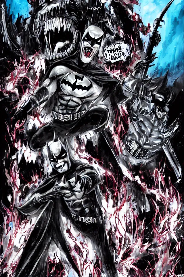 Image similar to The Batman Who Laughs Battles Batman In Hell, Yasushi Nirasawa Cartoon Anime Style