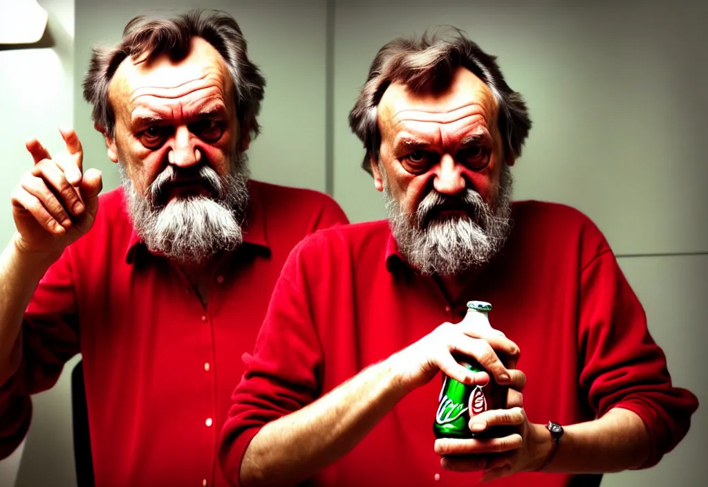 Prompt: hdr photo of slavoj zizec discussing how a coca - cola bottle is ideology, hd, sharp focus, dramatic lighting, sniffing his finger, cinematic composition
