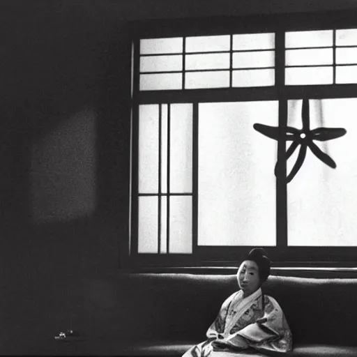 Prompt: a woman in a hanbok sitting on a couch, a starfish arm coming through the window, minimal cinematography by Akira Kurosawa, movie filmstill, 1950s film noir, thriller by Kim Jong-il and Shin Sang-ok, monster movie, tri-x 3200