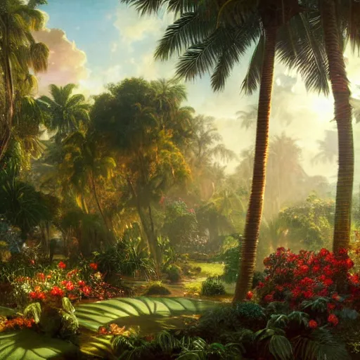 Image similar to a highly detailed matte painting of a garden hedge with tropical flowers, large palm trees, epic fantasy, god rays, ultrawide lens, aerial photography, unreal engine, exquisite detail, 8 k, art by albert bierstadt and alphonse mucha