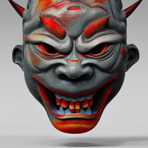 Prompt: a photorealistic japanese oni mask, japanese pottery, vivid colors, metal, trending on cgsociety, sharp focus, ultra realistic details, cinematic atmosphere, global illumination, shadows, octane render, 8 k