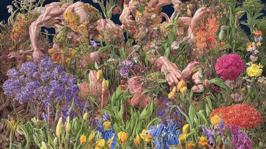 Image similar to highly detailed illustration all the known species of flowers, human anatomy, by juan gatti!!, by gottfried bammes, by george bridgman, by moebius!, by oliver vernon, by joseph moncada, by damon soule, by manabu ikeda, by kyle hotz, by dan mumford, by kilian eng