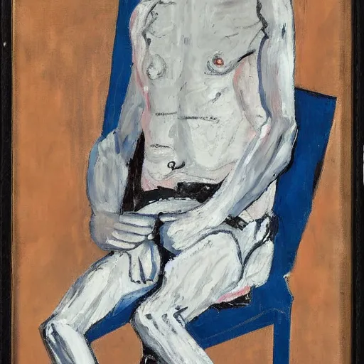 Image similar to painting of a man sitting on a chair and staring at you, by georg baselitz