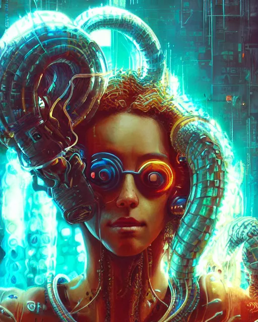 Image similar to a cyberpunk extreme close up portrait of cyborg medusa, electricity, snakes in hair, sparks, bokeh, soft focus, skin tones, warm, blue, sunny sky, by paul lehr, jesper ejsing