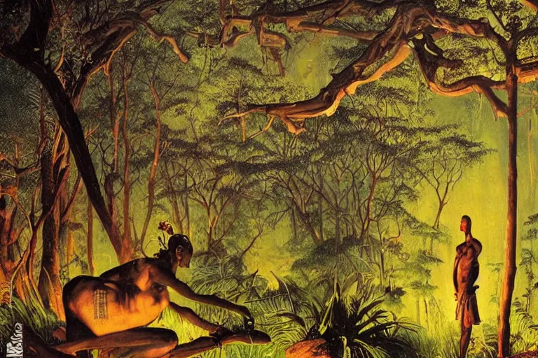 Prompt: a scenic view of an african god in the middle of a magical forest at night, detailed, cinematic, dramatic scene, retro illustration by Norman Rockwell.