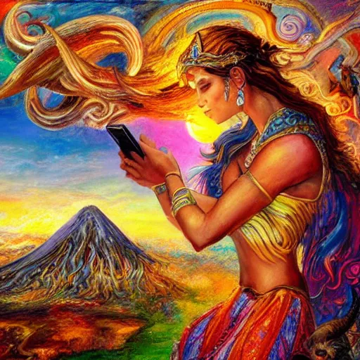 Prompt: a goddess riding a ram while checking her cell phone, erupting volcano and sunrise in distance in background, painting by josephine wall, senior concept artist, acrylic on canvas, intricately detailed, high resolution trending on artstation