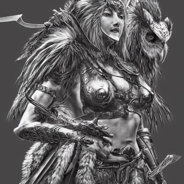 Prompt: wide shot of muscular female owl warrior, realistic proportions, sharp focus, beautiful face, wearing feather armor, wielding an owl broadsword, symmetrical, highly detailed, engraving kentaro miura manga art style trending on artstation 8 k