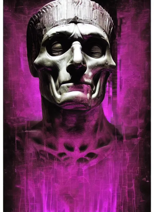 Image similar to elegant dark design poster showing a statue of julius caesar with a skull, black background with very subtle red and purple design elements, bold, powerful, nekro, vito acconci, thin straight purple lines, dark, glitch art, neo vaporwave, gritty, layout frame, square, trending on artstation