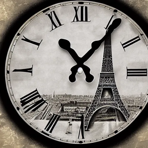 Image similar to a clock with eiffel tower as hours hands