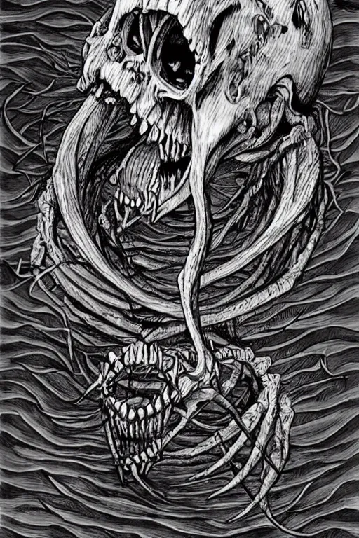 Prompt: terrifying looming skeletal monkfish horror monster by junji ito, tyler jacobson, studio ghibli
