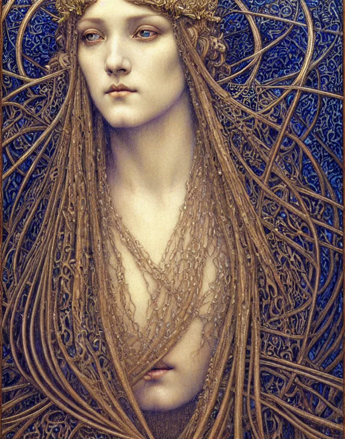 Image similar to detailed realistic beautiful young medieval queen face portrait by jean delville, gustave dore and marco mazzoni, art nouveau, symbolist, visionary, gothic, pre - raphaelite. horizontal symmetry