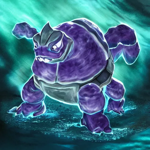 Image similar to a mixture between gengar and blastoise, ghost turtle pokemon hybrid, water and darkness