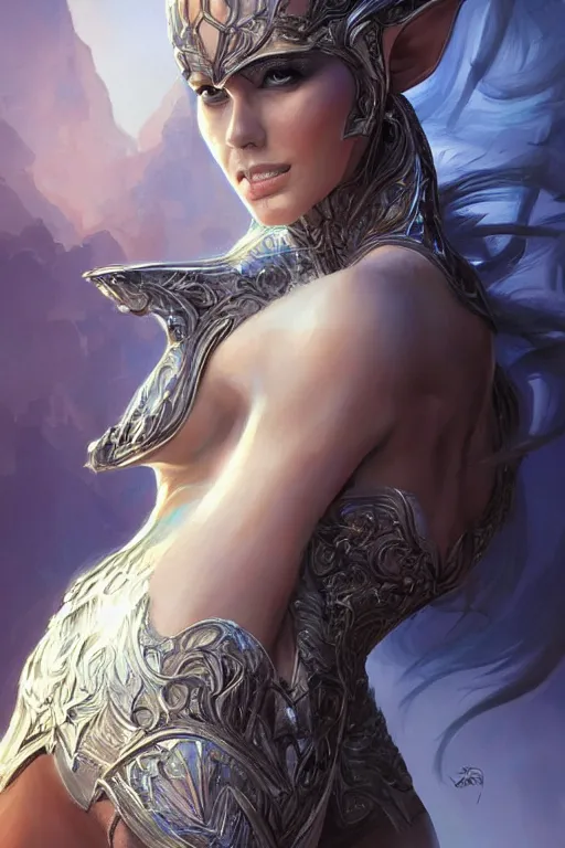 Image similar to three-quarters portrait pose of a beautiful woman, slim body, shining armor, elf warrior, fantasy, intricate, elegant, highly detailed, digital painting, artstation, concept art, matte, sharp focus,D&D, illustration, art by Artgerm and Peter Andrew Jones