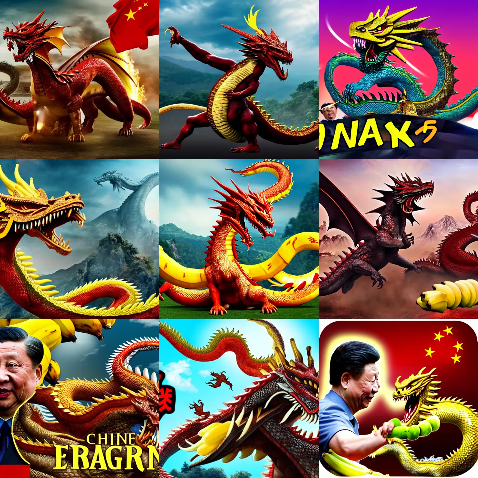 Prompt: Chinese president fighting with dragon, bananas, epic, movie, 4k