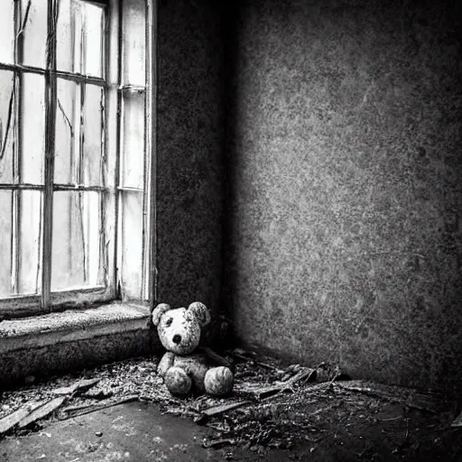 Image similar to a decrepit teddy bear, sat forgotten in a tipped over box in the attic. small rays of light can be seen. the house is long abandoned. black and white photo. surrealism.