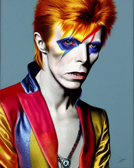 Image similar to a detailed portrait of david bowie as ziggy stardust by jean auguste dominique ingres, hyperrealism