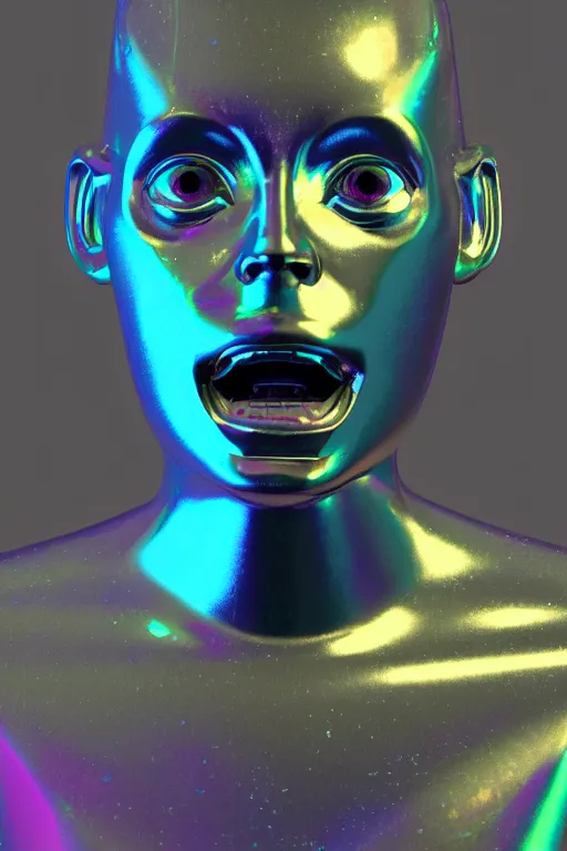 Image similar to 3d render of holographic angry human robotic screaming angry bust made of glossy iridescent, screaming, bust, surrealistic 3d illustration of a human non-binary, non binary model, 3d model human, cryengine, made of holographic texture, holographic material, holographic rainbow, concept of cyborg and artificial intelligence