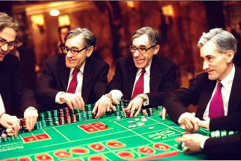 Image similar to “Alan Greenspan, Ben Burnanke, and Jerome Powell playing roulette with American inflationary policy in a Monty Carlo Casino”