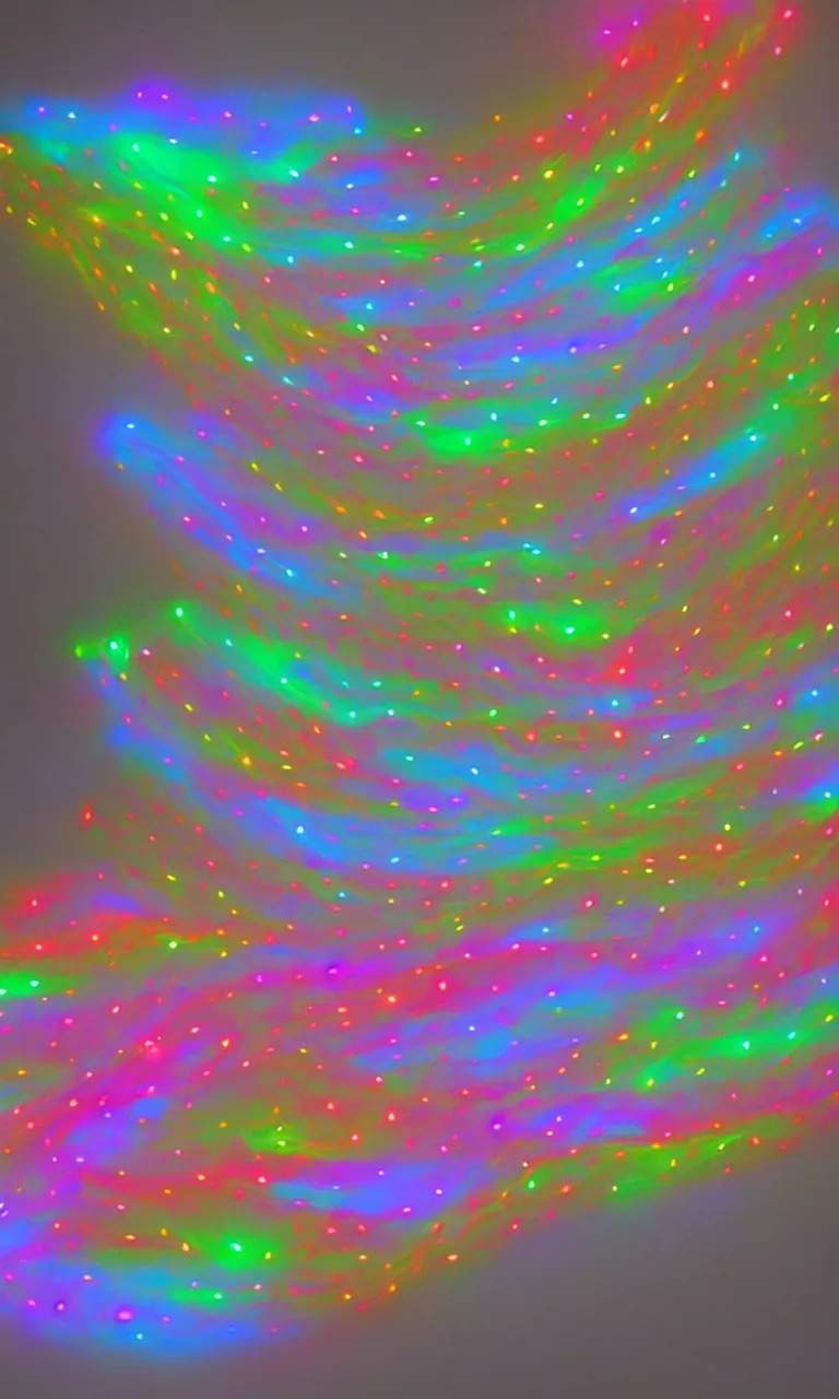 Image similar to a top-down wide view still of a floating transmissive vellum cloth tightly bunched up and pinned together with colorful glowing LED pins into a soft billowy bundle by a few glowing pins from an a24 movie, 8k, translucent cloudy vellum bunched up into large mounds by microscopic suns and wrinkles of cloth pinned from far apart close together with tiny emissive spheres, filtering light through the wrinkled bunched-up layers, 30s long exposure photograph of a large cloth flapping in the wind, tiny glowing spheres puncturing a blurry sheet, starkly lit from the evening sunset crepuscular golden hour rays emerging from the fog, chiaroscuro studio lighting