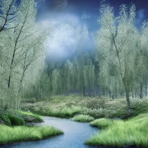 Prompt: hilly island in ethereal fairy swamp, hyperrealism, willow trees, fantasy illustration