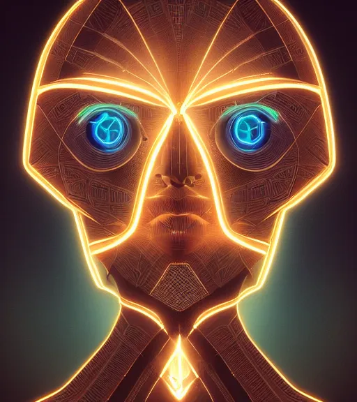 Image similar to symmetry!! egyptian god of technology, solid cube of light, hard edges, product render retro - futuristic poster scifi, lasers and neon circuits, brown skin egyptian god, intricate, elegant, highly detailed, digital painting, artstation, concept art, smooth, sharp focus, illustration, dreamlike, art by artgerm