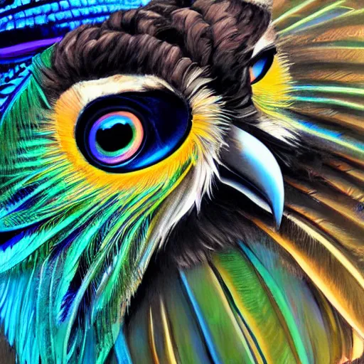 Prompt: hybrid bird owl head with long iridescent peacock feather tail detailed oil painting 4k