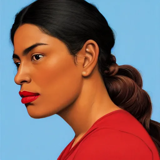 Prompt: a mexican woman's face in profile, red lips, brown skin white background, dynamic, ultra detailed, 4 k, illustration, by kehinde wiley, kadir nelson, john william waterhouse