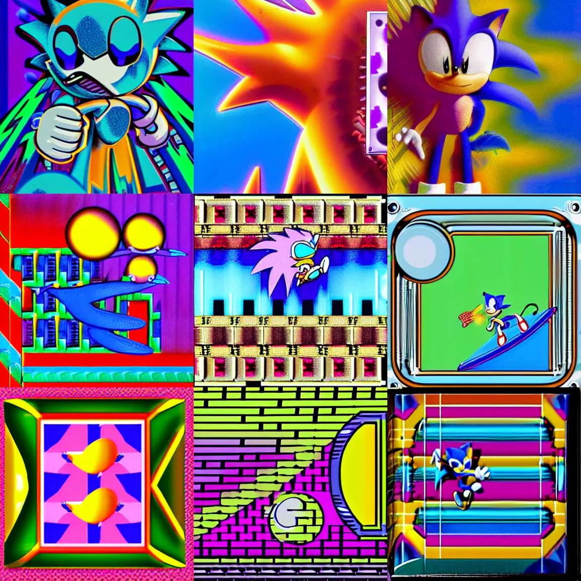 Prompt: sonic the hedgehog in a retro, surreal, faded, sharp, detailed professional, high quality portrait airbrush art mgmt album cover portrait of a liquid dissolving lsd dmt sonic the hedgehog surfing through cyberspace, purple checkerboard background, 1 9 8 0 s 1 9 8 6 sega genesis video game album cover