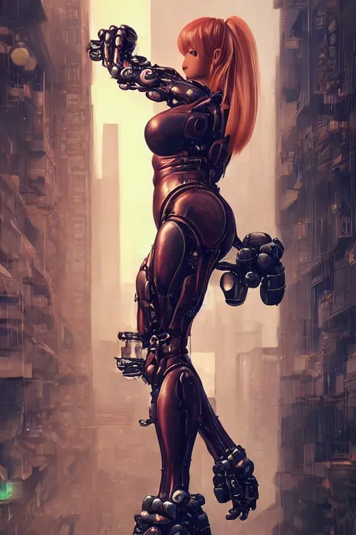 Image similar to wow! 3 / 4 stunning photorealistic portrait of samus aran in a kowloon cyberpunk cityscape, biomechanical bodysuit, oppai proportions, acid rain, dark fantasy by artgerm and clay mann and sorayama and alphonse mucha, very realistic, hyperdetailed, trending on artstation, octane render