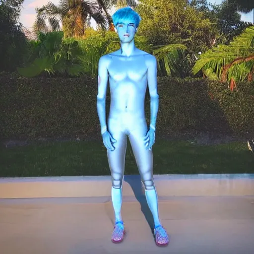 Image similar to “a realistic detailed photo of a guy who is an attractive humanoid who is half robot and half humanoid, who is a male android, twitch streamer Ninja Tyler Blevins, shiny skin, posing like a statue, blank stare, by the pool, display”