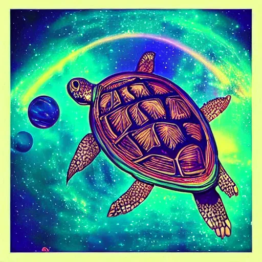 Prompt: “psychedelic visionary art of a beautiful flying turtle in space by Android Jones”