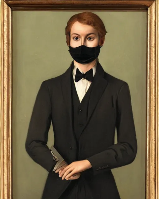 Image similar to portrait of young man wearing black medical mask, suit and tie, style of james c. christensen