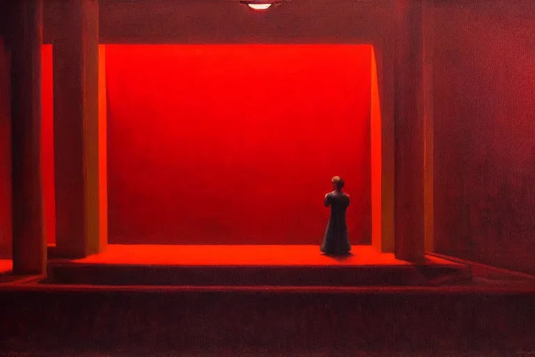 Image similar to only with red, crowd screaming, an exposed painting in a roman theater, in the style of beksinski, parts by edward hopper, parts by rodcenko, parts by yue minjun, intricate and epic composition, red by caravaggio, insanely quality, highly detailed, masterpiece, red light, artstation, 4 k