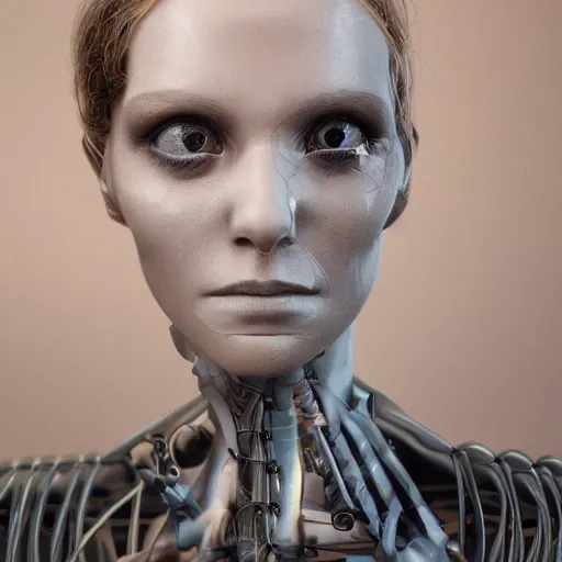 Image similar to photographic stil of beautiful model, a human robot woman, beautiful artificial body with artificial bones and artificial flesh, cables, tubes, westworld style, medium - shot, insanely detailed, photorealistic, beautiful soft light, octane render, by annie leibowtiz