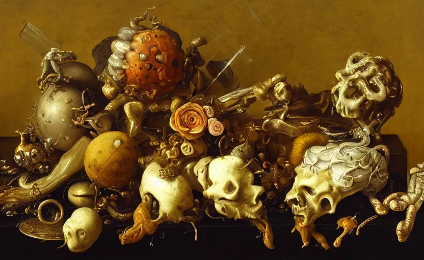 Image similar to disturbing grotesque dutch golden age vanitas still life with bizarre objects strange gooey surfaces siny metal bizarre insects rachel ruysch very detailed perfect composition rule of thirds masterpiece