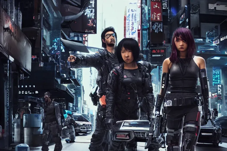 Image similar to movie diverse interracial team of Japanese sci-fi futuristic robbers armed with rifles interior clean futuristic tactical van, cyberpunk city, beautiful skin, Symmetrical faces. natural lighting by Emmanuel Lubezki