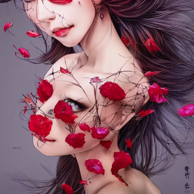 Prompt: studio portrait absurdly beautiful, elegant, graceful, young hypercolorful sensual anime gravure idol rubies and red petals, ultrafine hyperrealistic detailed face illustration by kim jung gi, irakli nadar, intricate linework, sharp focus, bright colors, matte, octopath traveler, final fantasy, unreal engine highly rendered, global illumination, radiant light, intricate environment