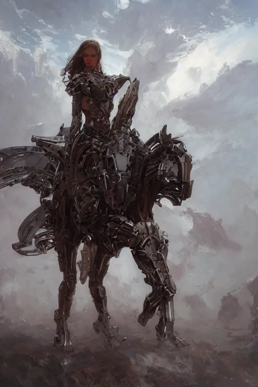 Image similar to portrait full body girl metal armor and metal horse poses by gaston bussiere, anna nikonova aka newmilky, greg rutkowski, yoji shinkawa, yoshitaka amano, moebius, donato giancola, geoffroy thoorens, concept art, trending on artstation, featured on pixiv, cinematic composition, 8 k