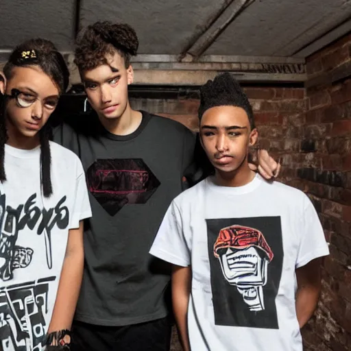 Prompt: teens wearing streetwear screenprinting shirts in their basement.