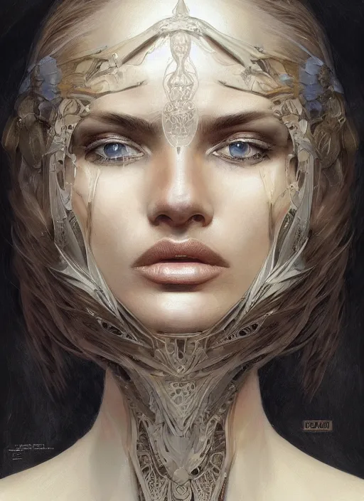 Image similar to symmetry!! edita vilkeviciute, machine parts embedded into face, intricate, elegant, highly detailed, digital painting, artstation, concept art, smooth, sharp focus, illustration, art by artgerm and greg rutkowski and alphonse mucha, 8 k