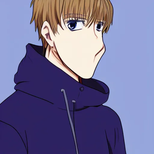 Prompt: dark blonde anime guy with blue eyes wearing a hoodie, profile picture, smooth lines, digital art, japan