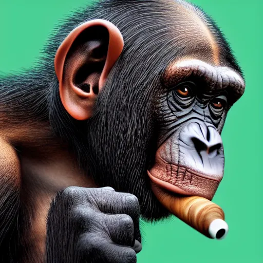 Prompt: a high detail shot of a chimp wearing a suit, smoking a cigar, render, cgsociety, photorealism