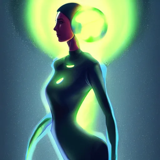 Image similar to a woman in a futuristic suit holding a glowing ball, a character portrait by Bernardino Mei, deviantart contest winner, digital art, digital painting, speedpainting, futuristic