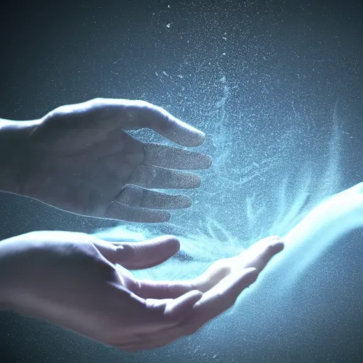 Prompt: hands making contact in the metaverse, organic liquid textures, particles flowing, abundent in details, transparent, surreal dramatic lighting