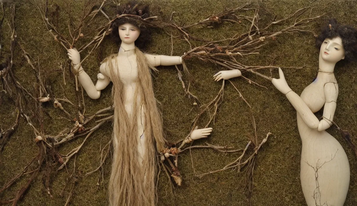 Prompt: a cinematic portrait of a beautiful female jointed handmade wooden art doll, made of wood, dreadlocks with twigs and branches, reaching out to each other, oak trees, oak leaves, acorns, dendritic, ooak, painting by fernand khnopff, detailed