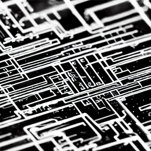 Image similar to electrons fighting on the surface of a microchip, ultra close up view, black and white