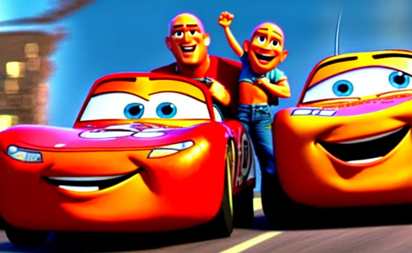 Image similar to vin diesel hugging lightning mcqueen from cars the movie,