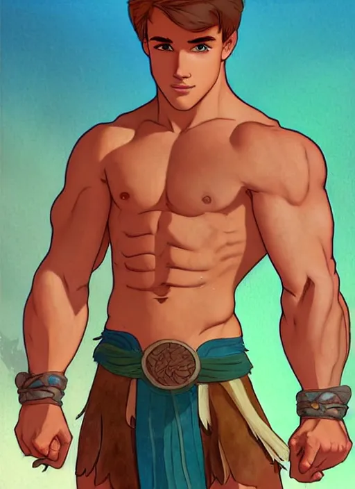 Image similar to cute muscular jack laugher wearing barbarian tunic, natural lighting, path traced, highly detailed, high quality, digital painting, by don bluth and ross tran and studio ghibli and alphonse mucha, artgerm